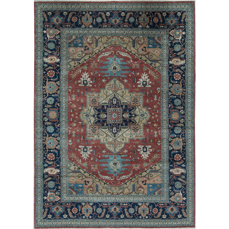 Tapis rouille et bleu marine de haute qualité noué à la main