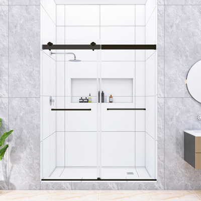 60 In. W X 74 In. H Frameless Bypass Double Sliding Shower Door, 5/16" Tempered Glass With Matted Black Finish And Soft Close System