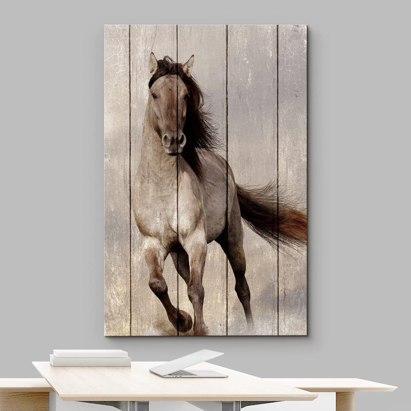 Chevaux qui courent, panneau rétro, effet de bois brun, animaux blancs, art numérique, ferme, faune rustique, Toile tendue