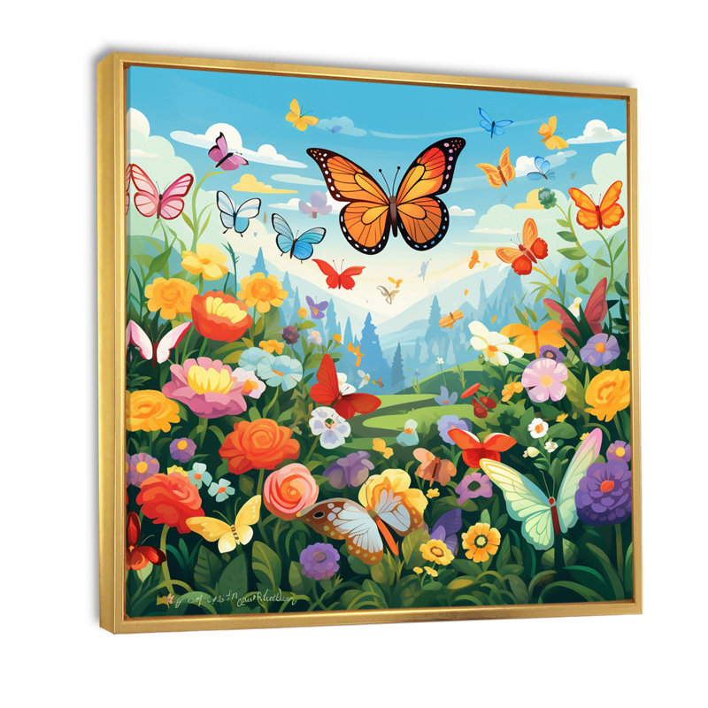 Papillon monarque orange, champ de fleurs idyllique I, H 36 po x l 36 po, Cadre flottant doré