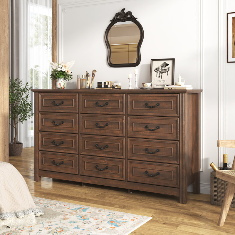 Commode 12 tiroirs pour chambre à coucher Farmhouse, commode en bois 63 po avec poignées rustiques, organisateur de commodes larges