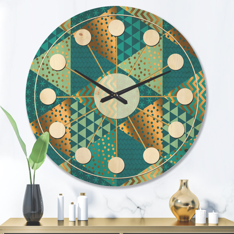Horloge murale en bois doré et bleu Dynamics I Mid-Century, Très grand