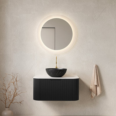 Meuble-lavabo 30 po, meuble-lavabo rayé à bords arrondis avec tiroir, cuve en céramique noir mat et plateau en pierre frittée blanc de Carrare, pré-assemblé, couleur noire