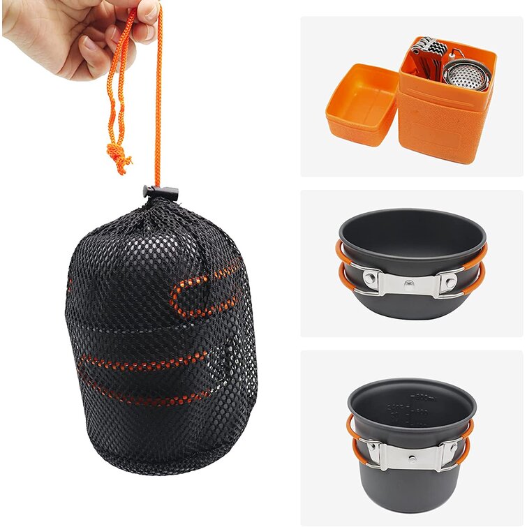 Afoxsos Portable Camping Cooker Outdoor Pot Set with Cutlery Carry Mesh Bag for Outdoor Camping Hiking and Picnic (12-Piece)