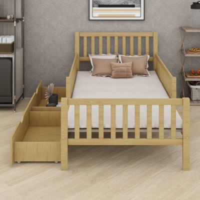 Modern Wood Platform Bed with Guardrails on Both Sides and Two Built-In Drawers