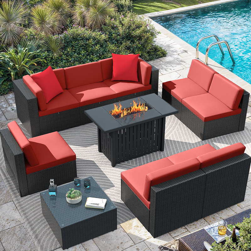 10 Pieces Rattan Patio Furniture Conversation Set with 43" Gas Propane 50000 BTU Fire Pit Table Outdoor Sectional Sofa for Backyard