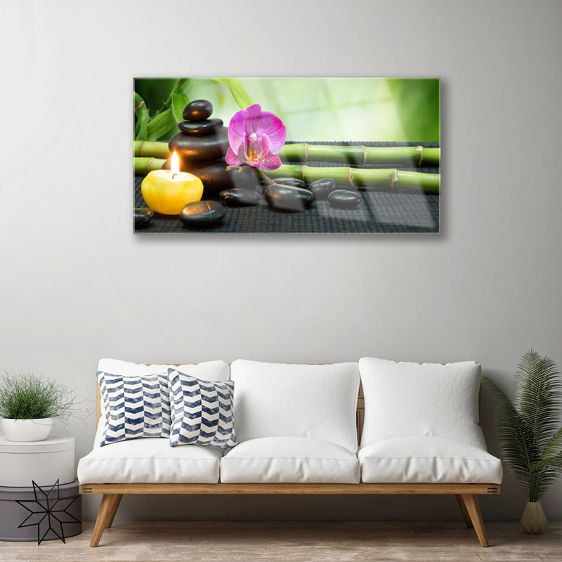 Art Bamboo Flower Stones Candle 1 Piece Wall Art on Glass