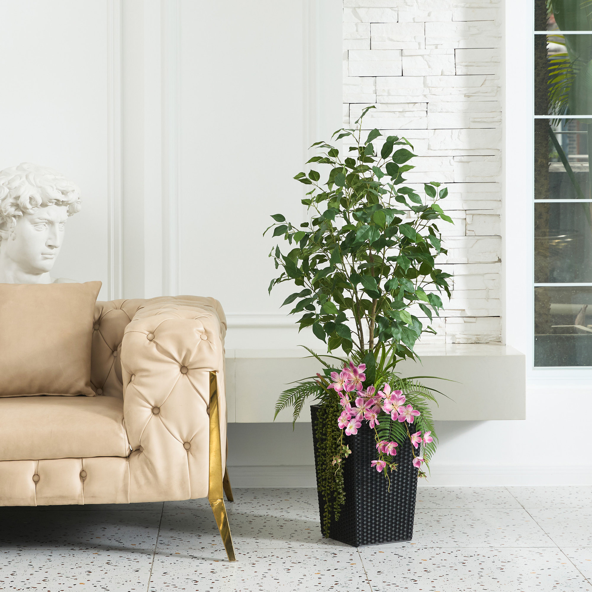 Adcock Artificial Ficus Tree 4FT - UV Resistant Faux Plants with Tapered Planter and Decorative Plants, Black