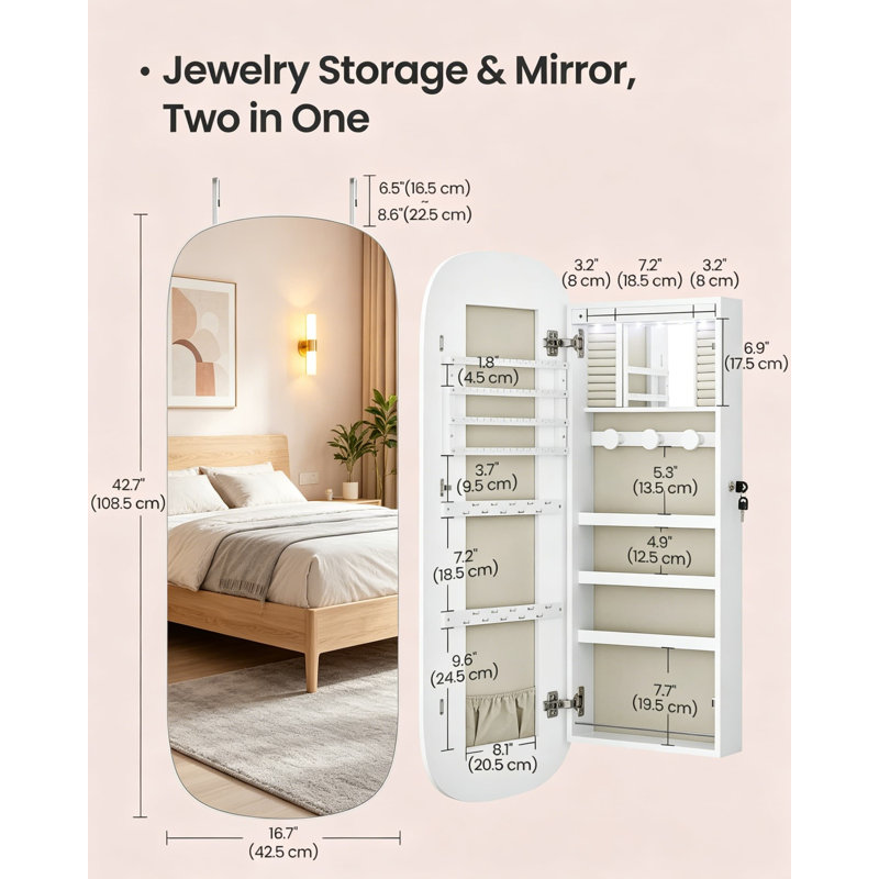 Armoire à bijoux avec miroir pleine longueur, lumières DEL, armoire de rangement murale verrouillable à fixer au mur ou au-dessus de la porte, miroir blanc courbé