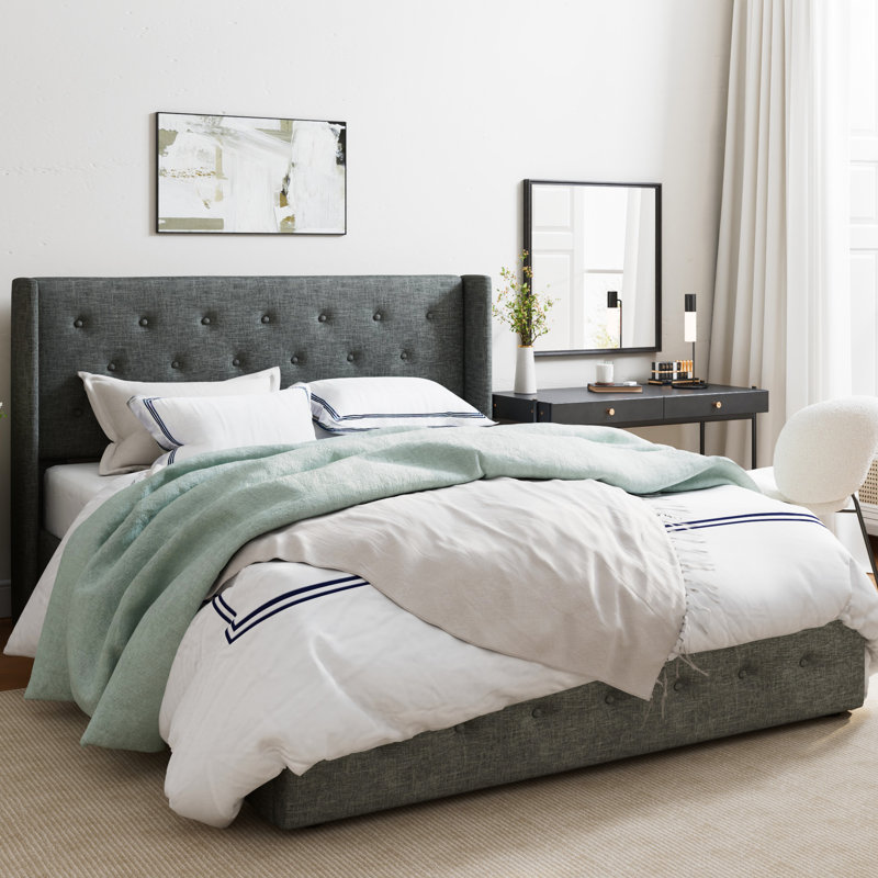 Albertien Lift Up Wingback Upholstered Platform Bed, Full, Dark Gray