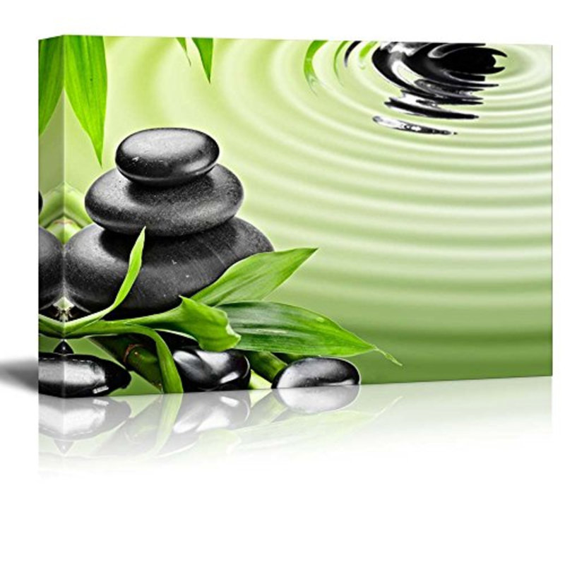 Zen Stones Rocks over Bamboo Branches on a Rippled Lake - Reproduction de photo sur toile tendue, H 16 po x l 24 po x P 2 po