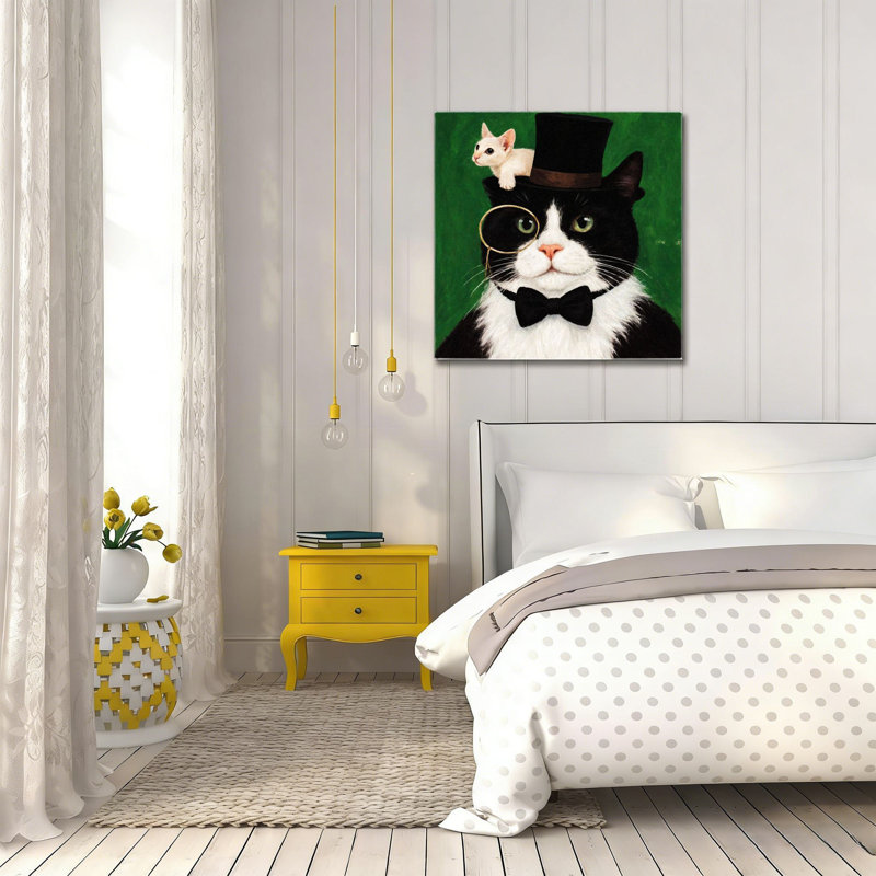 Chat avec chapeau haut de forme et chaton, art mural sans cadre, 16 x 16