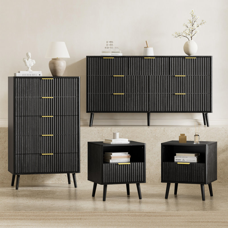 Ensemble de chambre à coucher, commode et tables de chevet 4 pièces, Noir