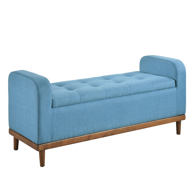 Mid-Century Modern Bedroom Bench With Lift Top Storage, Blue Textured Upholstery, Solid Wood, 300Lbs Weight Bearing Storage Bench, Top, Wood Walnut Frame, Use, Capacity