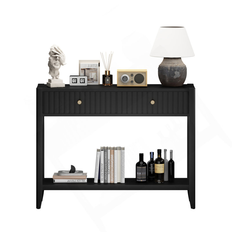 Console avec tiroirs, table d'appoint en bois avec table de rangement étroite et tablette de rangement