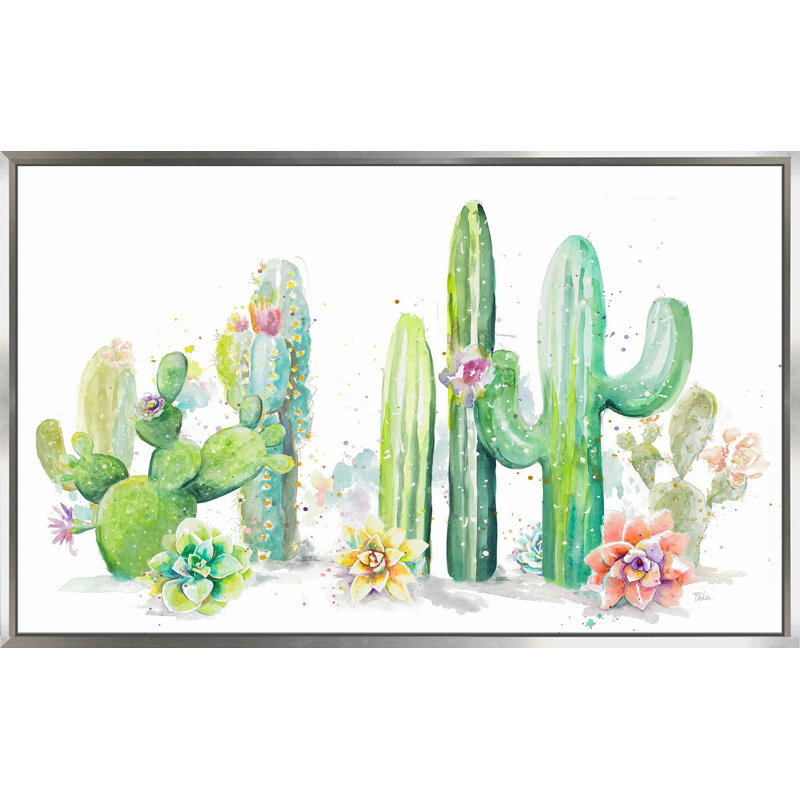 Jardin de cactus - reproduction sur toile, Cadre flottant argent, H 31,5 po x l 51,5 po x P 2 po