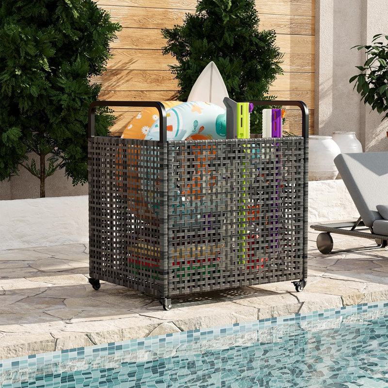 Organisateur de rangement pour piscine avec roulettes et main courante, grand chariot roulant extérieur en mailles pour nouilles de piscine, jouets, flotteurs, équipement, bac de rangement de piscine robuste avec roulettes verrouillables