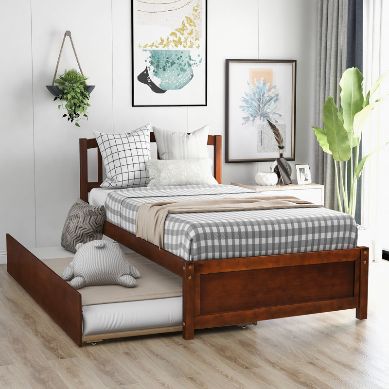 Lit plateforme simple en bois noyer avec lit gigogne - Finition moderne et élégante, Noyer