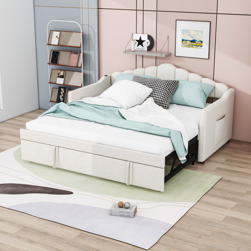 Twin Upholstered Daybed with USB & Type-C Charging Port and Pop-Up Trundle, Beige
