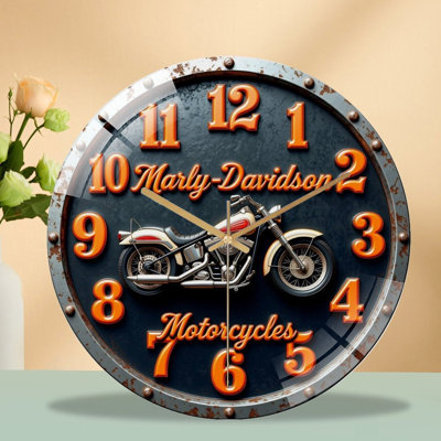 Distressed rivet metal wall clock with classic cruiser motorcycle graphic, shiny orange raised numerals & vintage motorcycle script, silent quartz movement & tempered glass front. Industrial biker wall decor for garages, dens and motor stores.