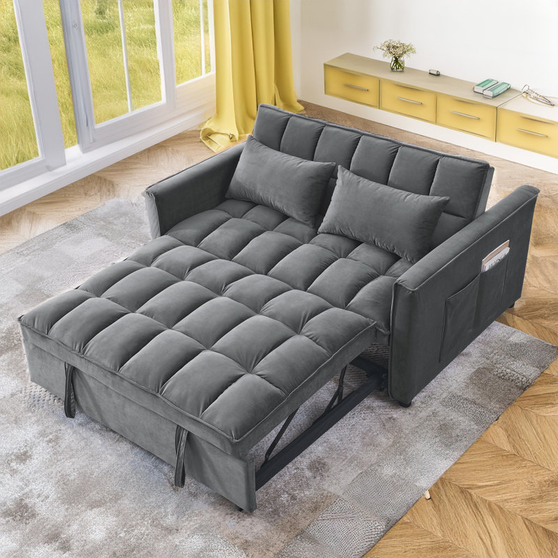 Eiri 55'' Wide Convertible Velvet Sleeper Square Arm Sofa Bed with Reclining Backrest and 2 Throw Pillows, Dark Grey
