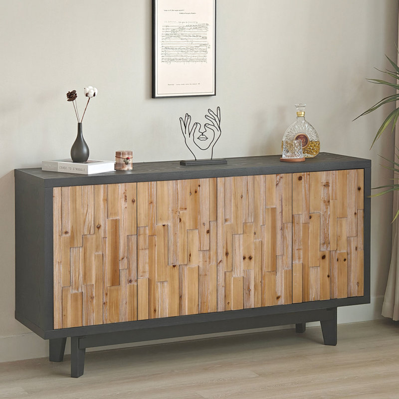 Armoire à 4 portes en bois naturel avec motif géométrique texturé - Ajoute du caractère au buffet de la décoration intérieure, espace de rangement spacieux