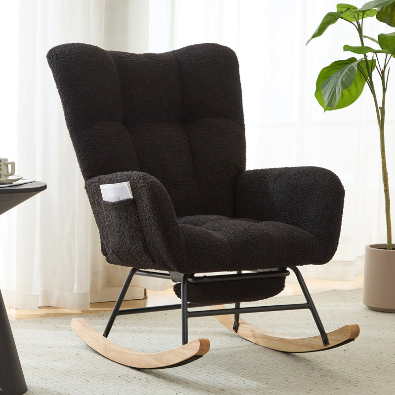 Ensemble fauteuil berçant à oreilles en tissu Teddy et repose-pieds, fauteuil à bascule d'allaitement avec poche de rangement latérale, mouvement de glissement fluide, base en bois massif sécurisée, fauteuil d'appoint confortable pour le salon