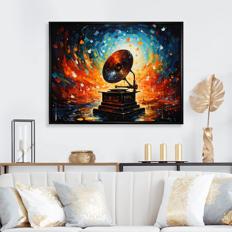 Phonograph Pointillism Multicolor I - Music Canvas Prints, Cadre flottant noir, H 16 po x l 32 po x P 1 po