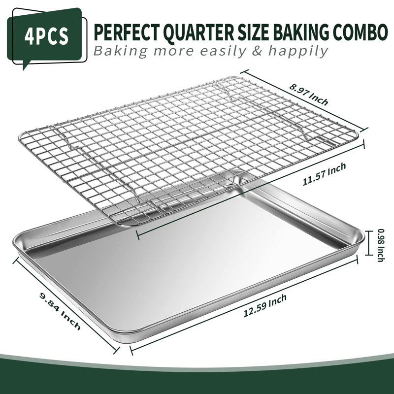 Quarter Sheet Pan With Cooling Rack Set [2 Baking Sheets + 2 Baking Racks], Stainless Steel Cookie Sheets，Silver