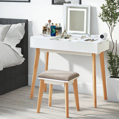 Bureau de maquillage avec miroir rabattable, éclairage DEL tricolore et commande tactile, bureau d'écriture avec prise de courant, coiffeuse de chambre à coucher avec pieds en bois renforcé et tabouret rembourré, blanc, cadeau