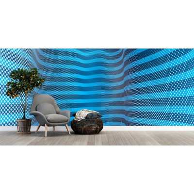 Abstract Blue Wave Stripe Wall Mural – Dynamic Halftone Dot and Line Pattern in Navy and Cyan