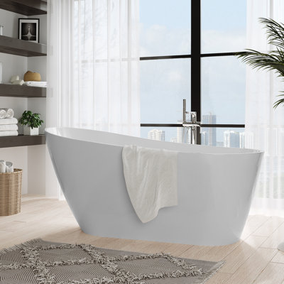 67 Inch  Freestanding Bathtub. Modern Acrylic Soaking Tub with Chrome Drain & Overflow. Deep Soak Stand Alone Tub for Home Spa. Double-Wall Insulation. Easy Installation， White