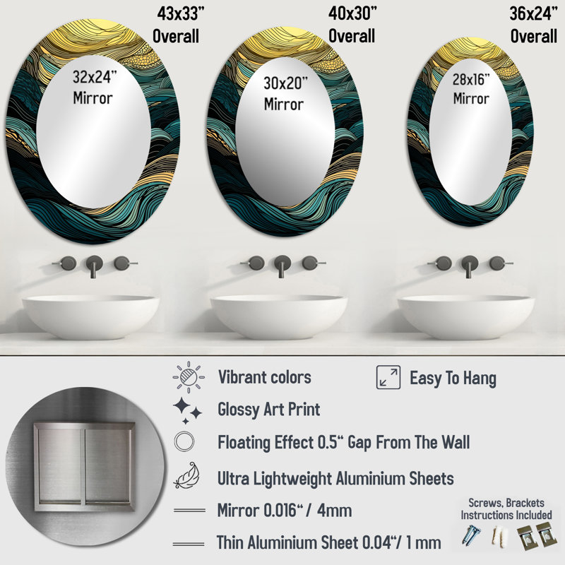Symphonie linéaire vert Otwald - dessin d'art en ligne, miroir mural moderne, impression sur métal, 36 po x 24 po, Ovale