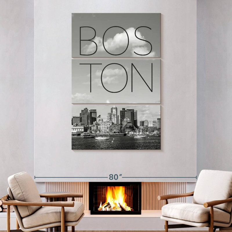 Skyline de Masam Boston, North End et quartier des affaires, texte et horizon, H 74 po x l 48 po