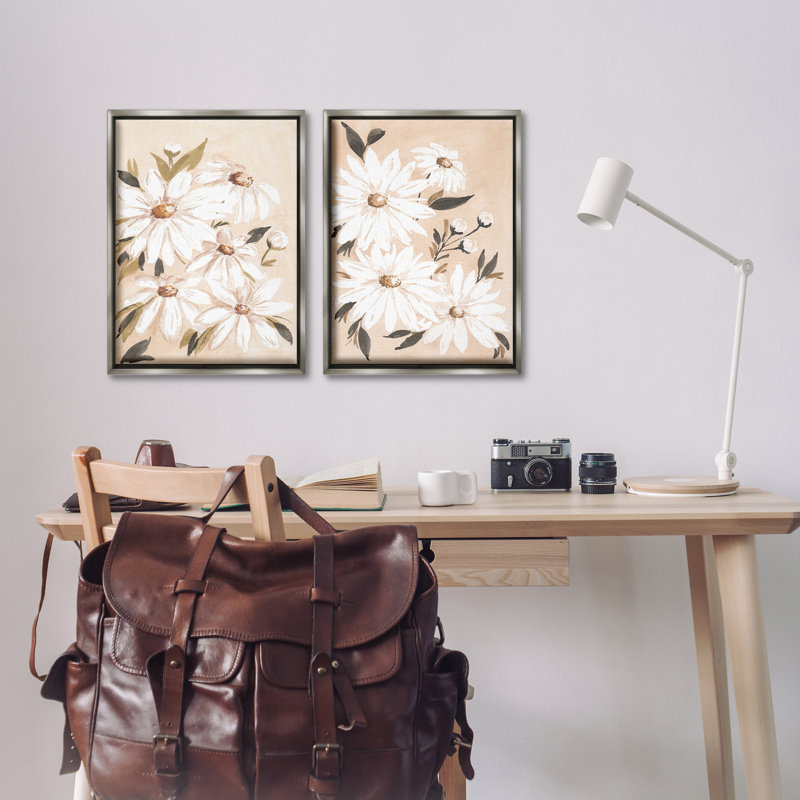 «White Daises on Peach», ensemble de 2 toiles flottantes encadrées noires par Amanda Cook, Cadre flottant gris lustré