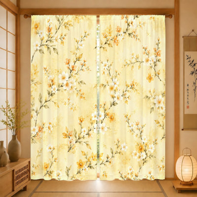 2 pièces de rideaux à motif floral, tissu filtrant la lumière, imprimé de branches rétro en fleurs, parasol et protection de la vie privée, conception à passe-tringle, pour le salon, la chambre à coucher, le balcon, la cuisine