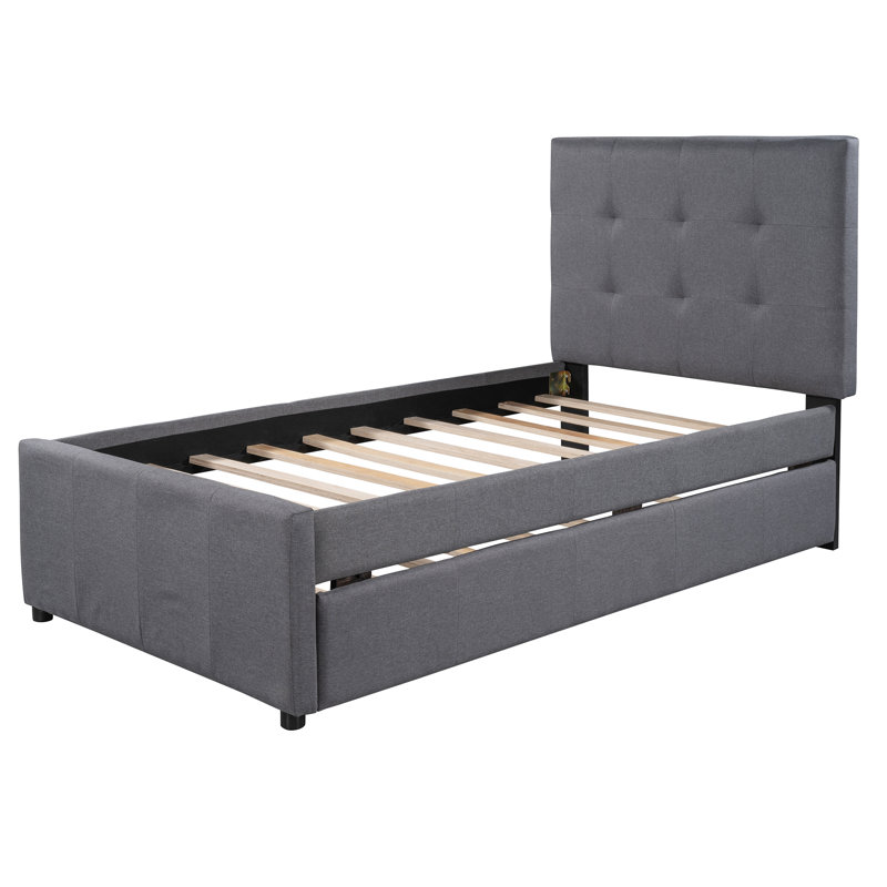 Acquaviva Linen Upholstered Platform Bed With Headboard And Trundle, Bed Frame, Twin