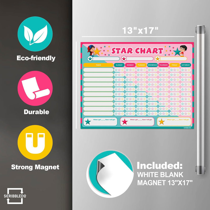 Magnetic Reward Chart For Kids Dry Erase 13” X 17” Multiple Kids Refrigerator Star Behaviour 