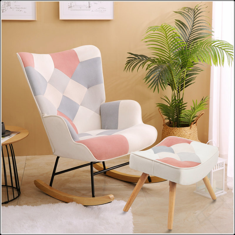 Chaise berçante avec repose-pieds, fauteuil berçant en tissu Mid-Century avec pieds en bois