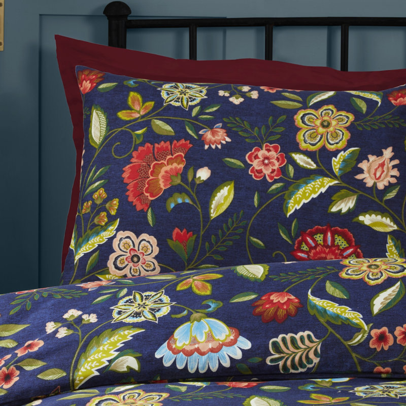 MARLA Cotton Blend Floral Duvet Cover Set with Pillowcases, Blue, Single Duvet Cover + 1 Standard Pillowcase