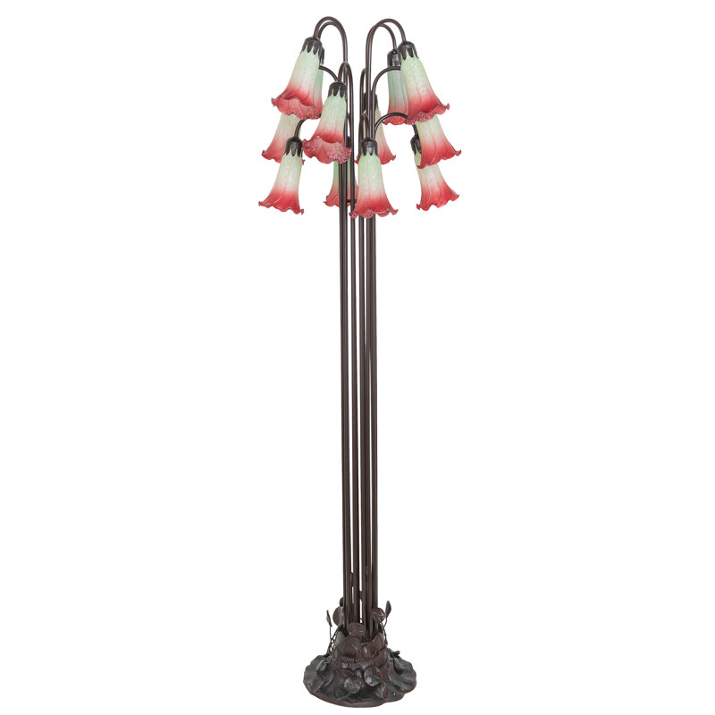 63" High Seafoam/Cranberry Tiffany Pond Lily 12 LT Floor Lamp, Green/Red