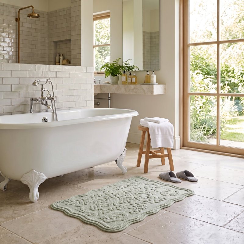 Gracie Floral Jacquard Scalloped Bath Mat, Sage Green
