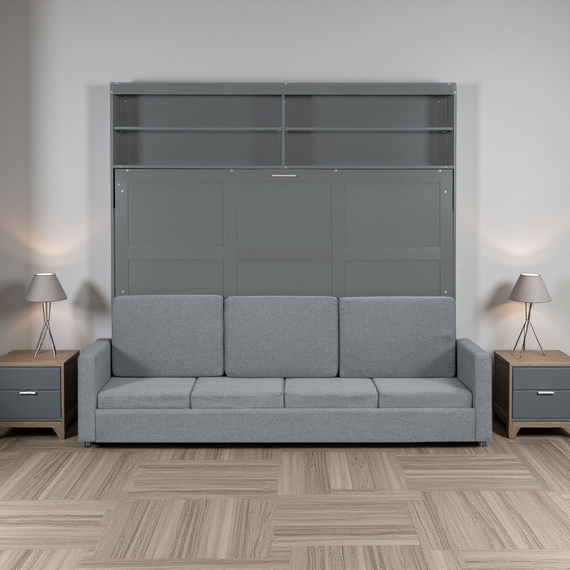 Queen Murphy Bed with Sofa & Storage - Space-Saving Wall Bed, Dual-Piston Mechanism, Industrial Build, Gray