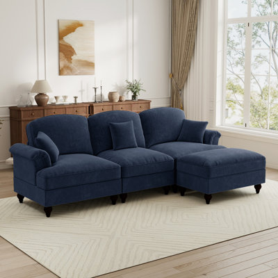 Mid Century Three Seater Modular L Shaped Sectional Couch With Removable Ruffles Pleats Skirts, Comfy Chenille 3-seat Deep Seat Sofa With Movable Ottoman