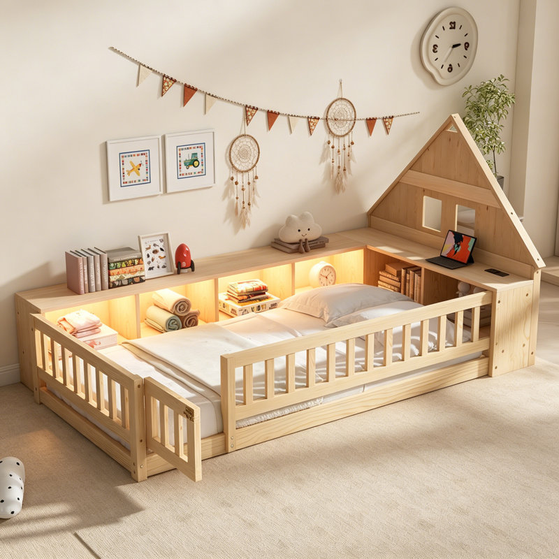 Lit simple au sol en bois avec garde-corps, tête de lit en forme de maison, armoires de rangement, DEL, port USB et prises de courant, naturel