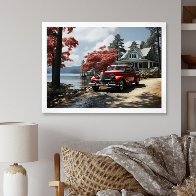Impression sur toile Lakehouse Vintage Lakeside, Cadre photo blanc, H 30 po x l 40 po x P 1,5 po