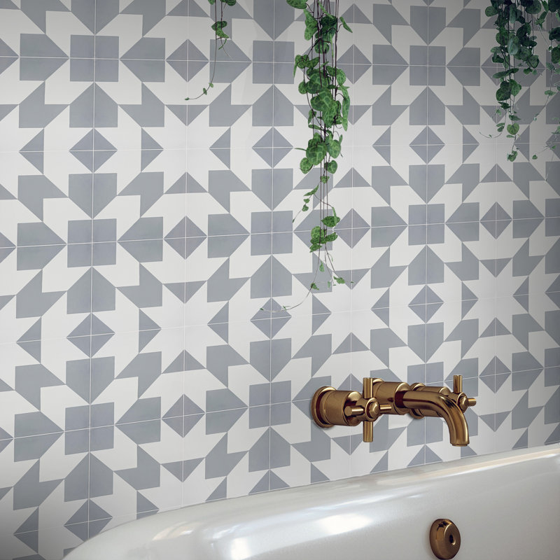 Oujda 8" x 8" Cement Patterned Wall & Floor Tile, Gray/White