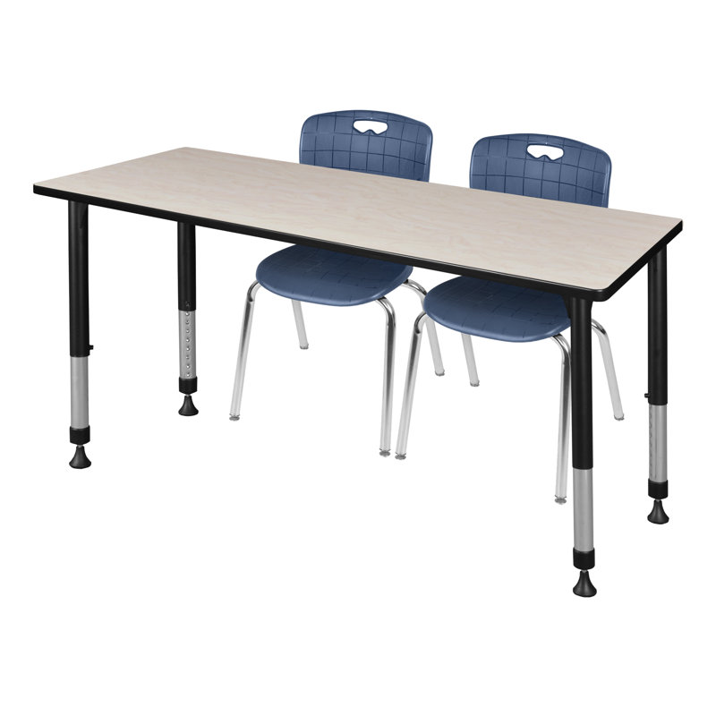 Regency Kee Adjustable Classroom Table & 2 Andy 18 in. Stack Chairs, 34" H x 66" L x 24" W, Maple/Chrome/Navy Blue