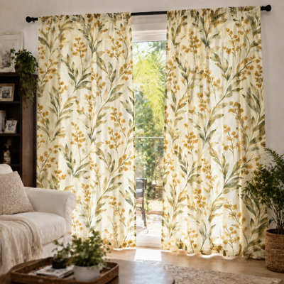 2Pcs Botanical Print Curtains with Berries and Leaves, Watercolor Style, Farmhouse Theme, Decorative Window Drapes, Ideal for Living Room, Bedroom, Kitchen, Accent, Rod Pocket Hanging, Light Filtering