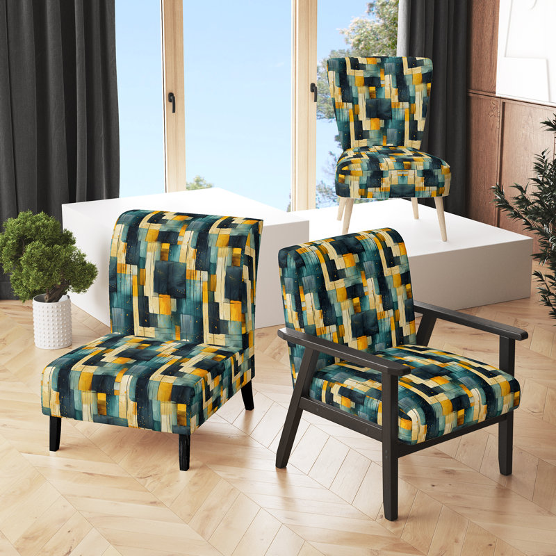 Chaise d'appoint rembourrée jaune et bleu sarcelle à motif abstrait géométrique Fusion